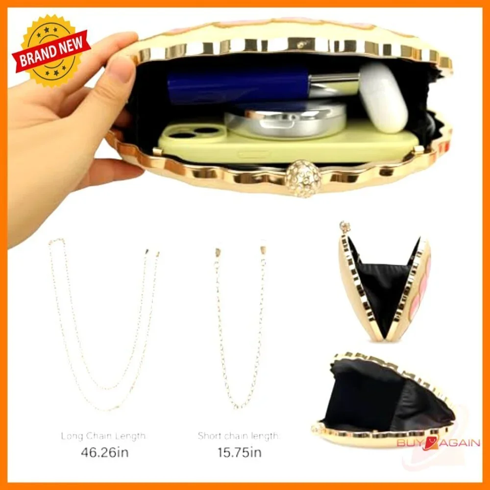 Straw Woven Clutch Purse with Shell Pattern, Chain Strap, Kiss Lock Closure